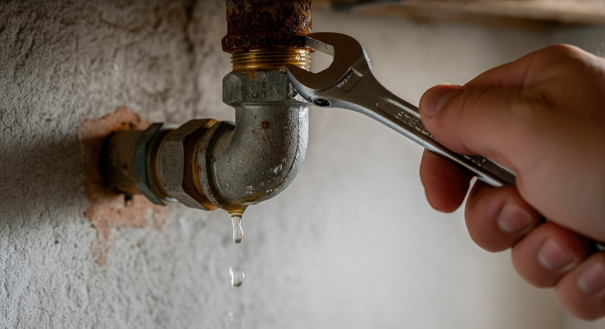close-up of a man fixing a leaking pipe with a wrench