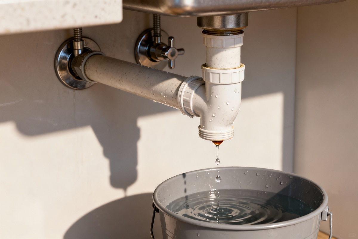 leaking pipe with water dripping into a bucket